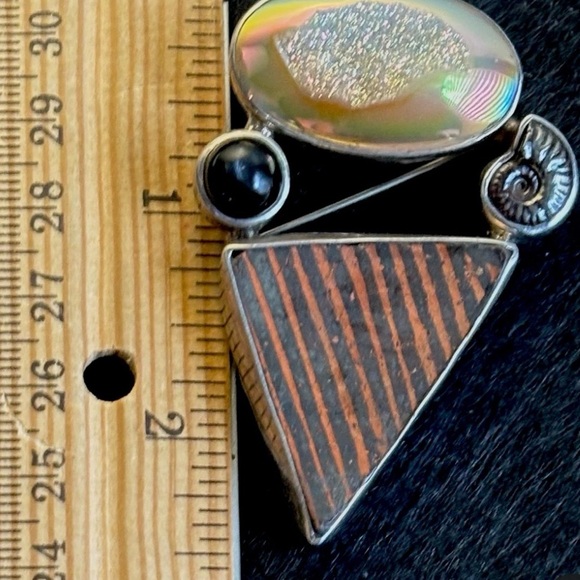 Artisan Silver Druzy Quartz + Black Star Diopside + Ammonite Fossil Pendant/Pin - Picture 10 of 11
